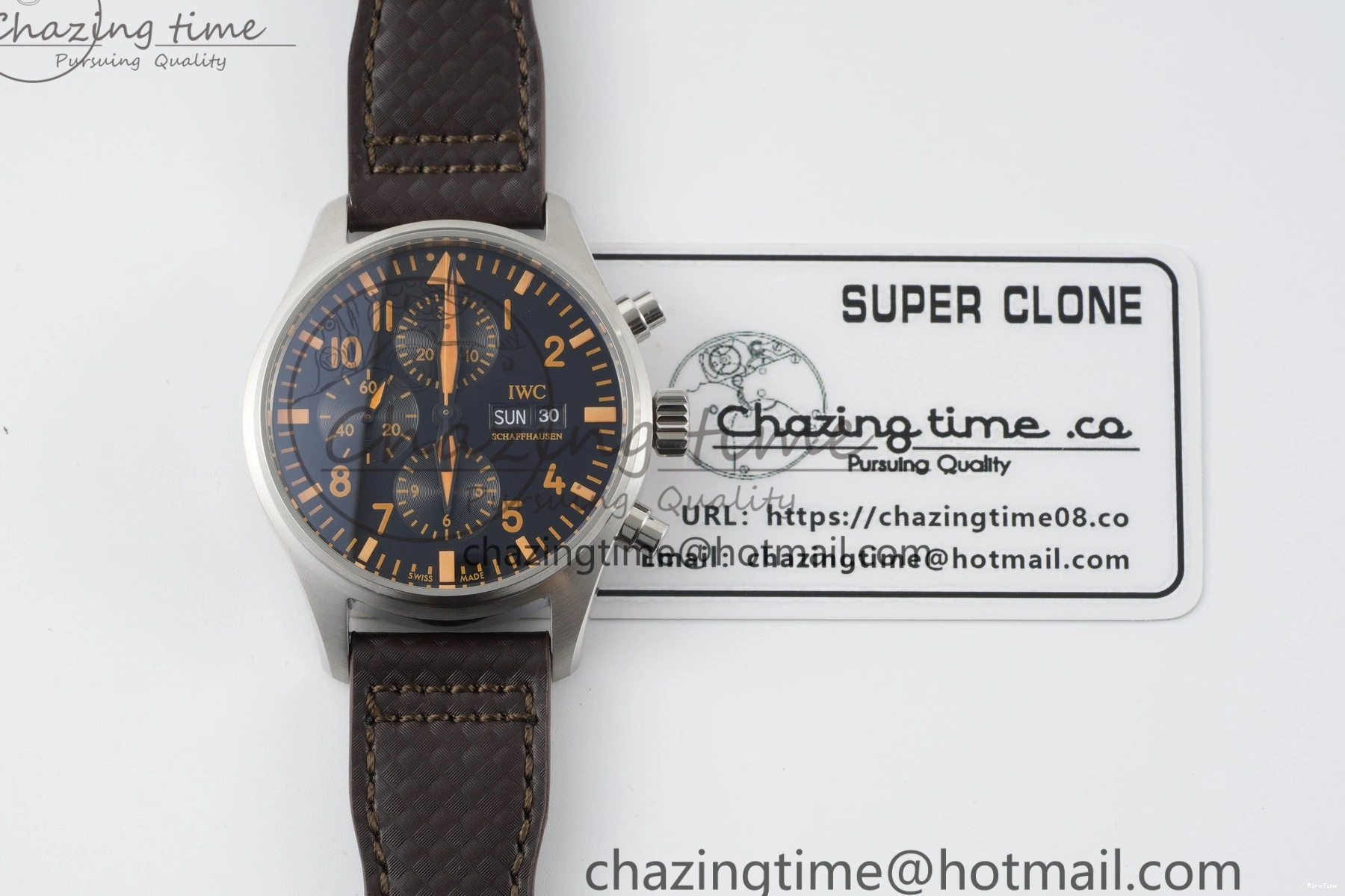 MIROTIME 0118 Pilot Chrono SS AZF 1:1 Best Edition Black Dial Orange Markers on Brown Leather Strap A EasyCare 7065